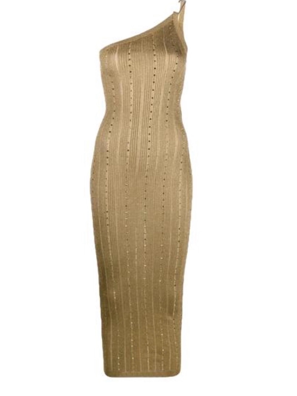 Alessandra Rich One-Shoulder Metallic Gold Knit Midi Dress